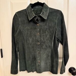 CAbi #143 Suede Leather Snap Front Shirt Dark Green Long Sleeve Size Small